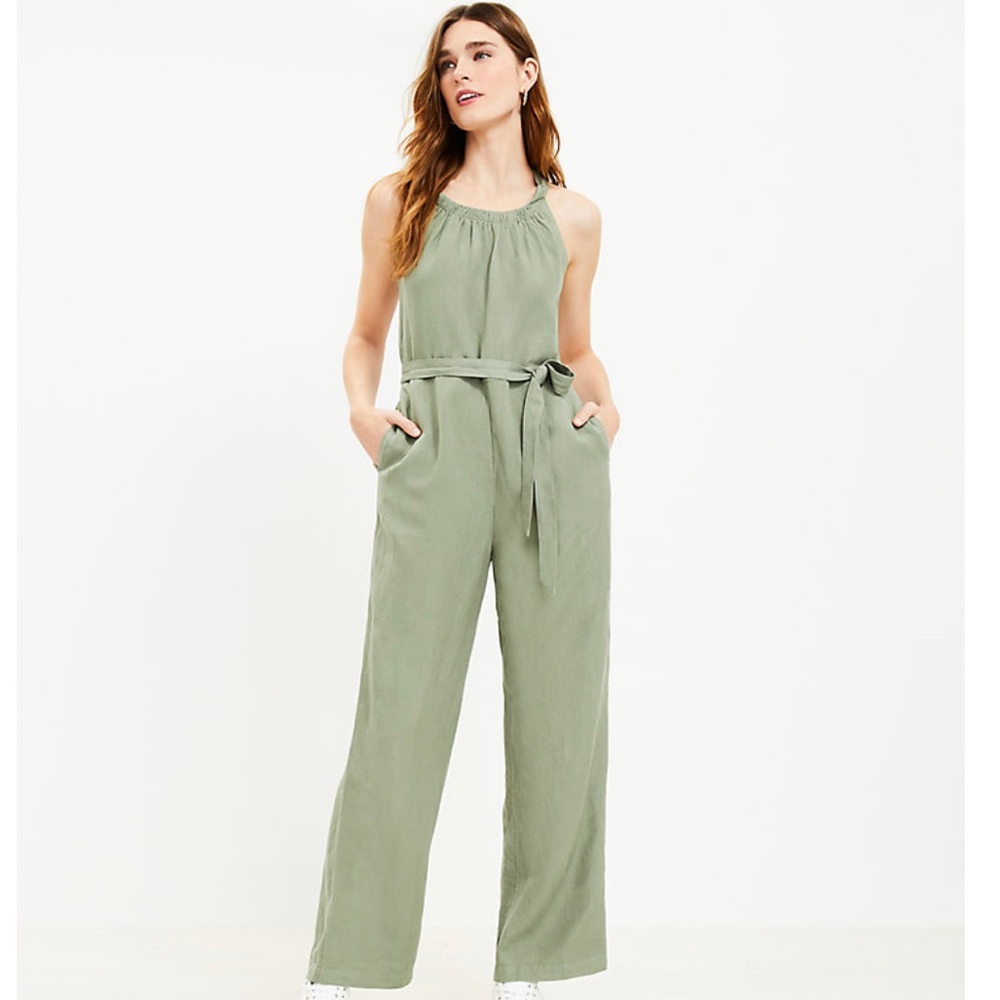 LOFT Belted Scoop Neck Jumpsuit Green Size Large
